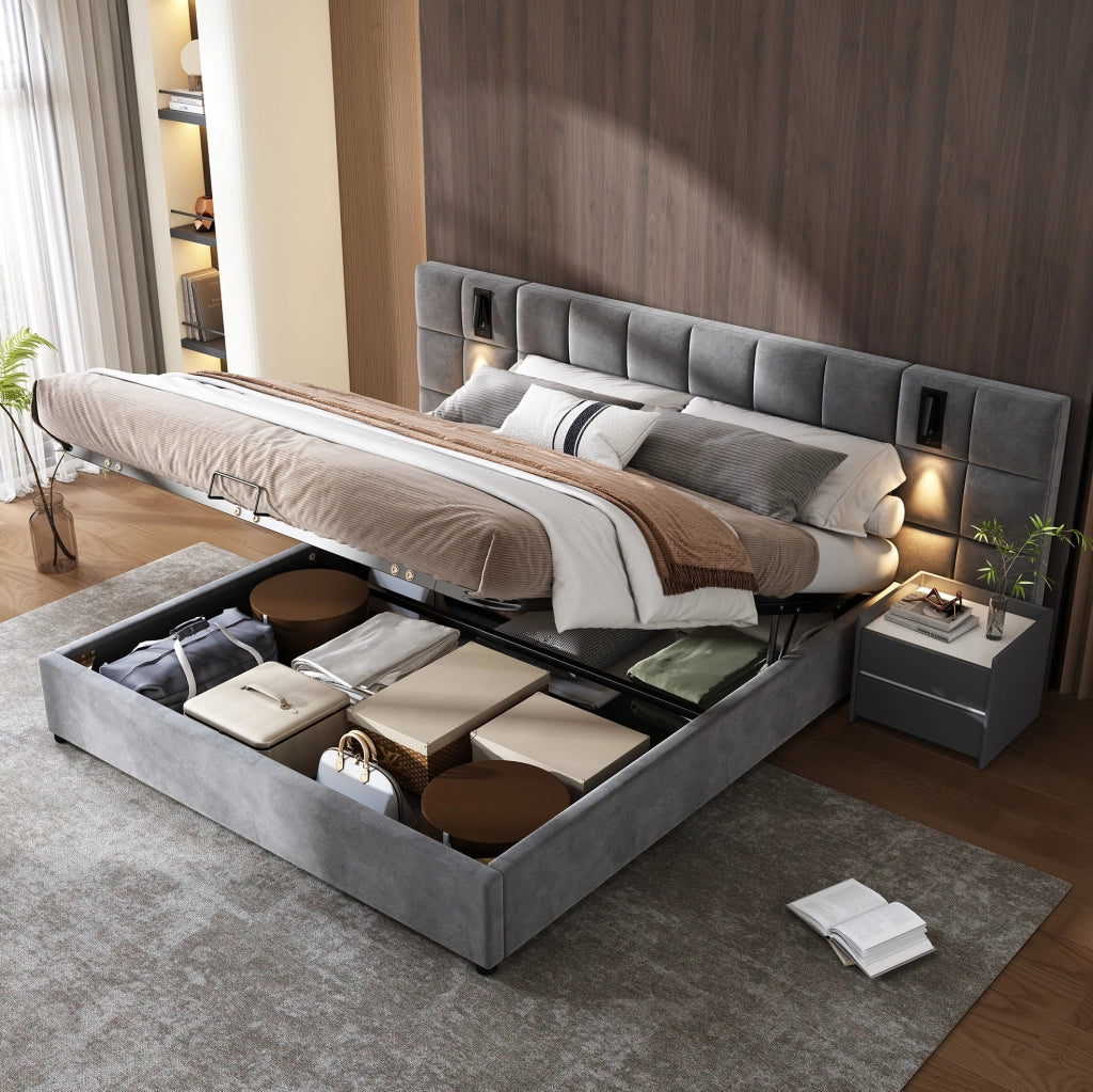 Letto imbottito 180x200 cm con contenitore, luce orientabile USB e testiera ampia
