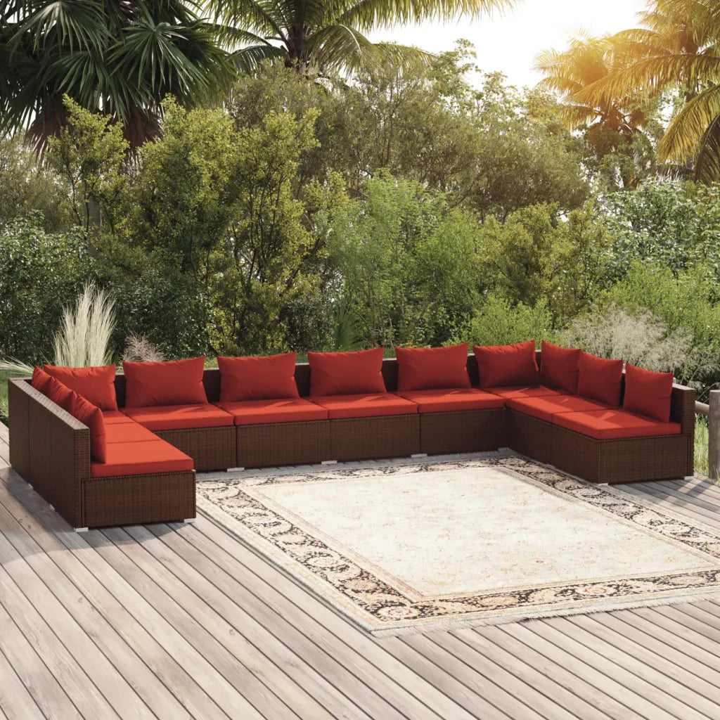 Set Divani da Giardino 10 pz con Cuscini in Polyrattan Marrone