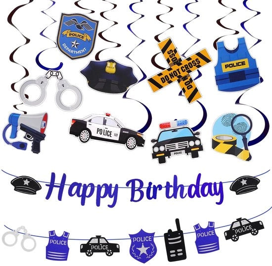 Decorazione di compleanno per la polizia, Happy Birthday, bandiera con vertebre pendenti, slitta, auto della polizia, slitta, per la polizia, compleanno, festa tematica, decorazione