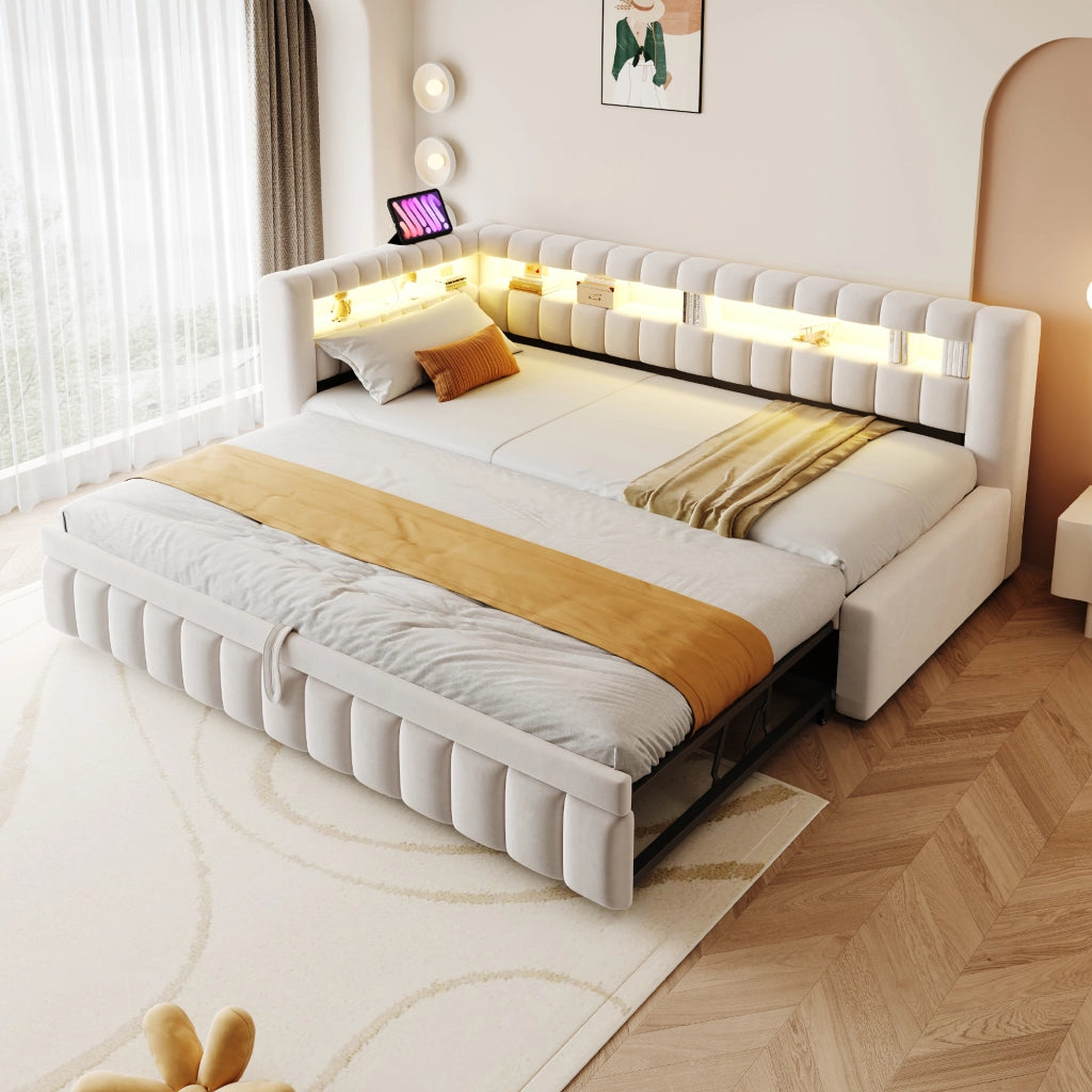 Letto imbottito estraibile 90x200 cm con LED, porte USB e tipo C, tessuto effetto velluto beige