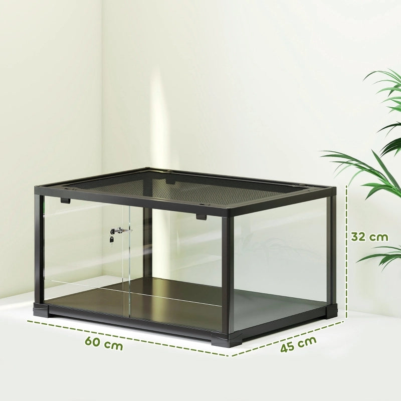 Terrario per rettili in vetro temperato con porta scorrevole e coperchio a rete, 60 x 45 x 32 cm, nero