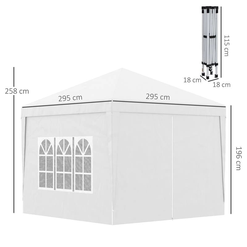 GAZEBO PIEGHEVOLE E IMPERMEABILE CON PANNELLI LATERALI IN ACCIAIO E TESSUTO OXFORD 2.95X2.95X2.58 CM BIANCO