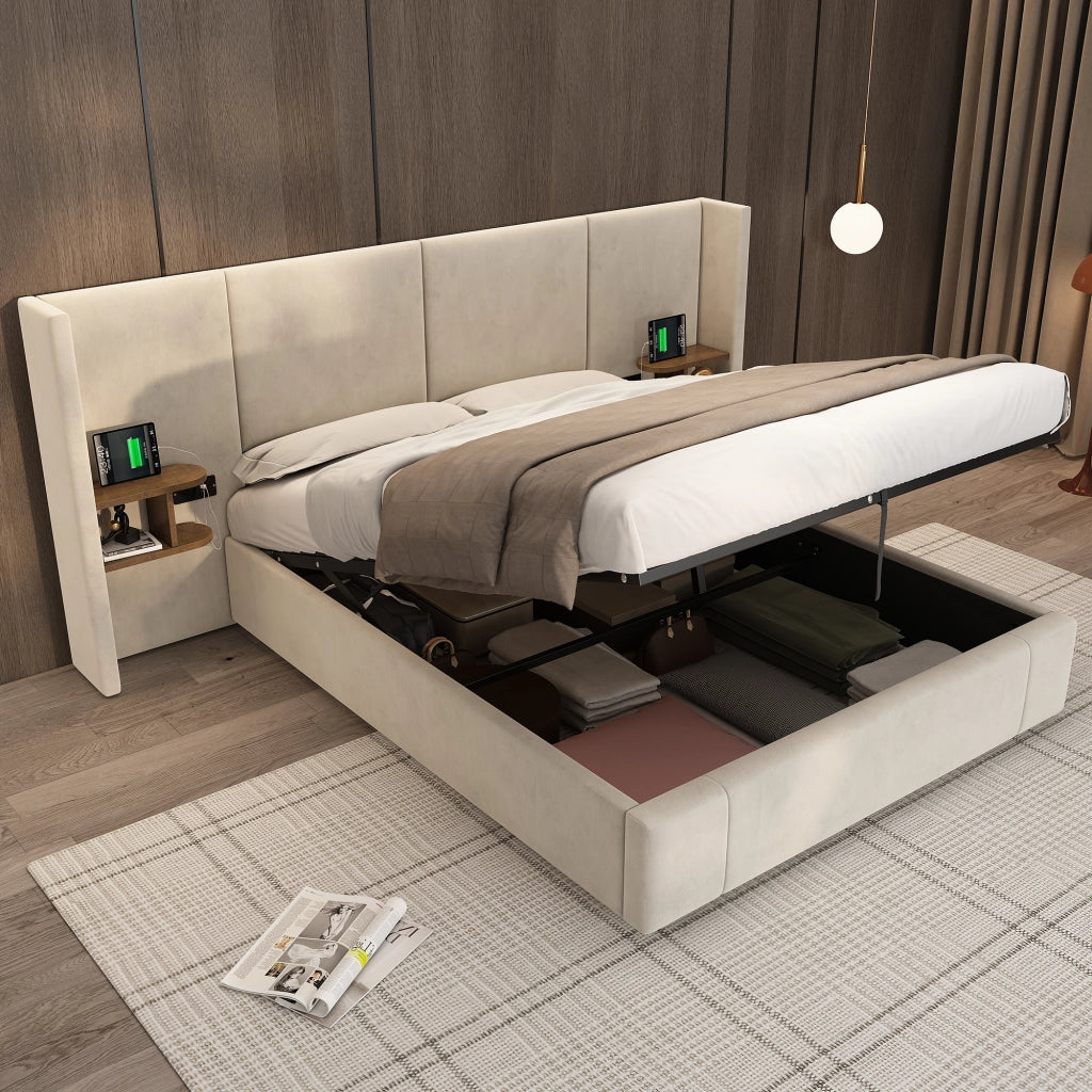Letti contenitori 160x200 cm; contenitore idraulico con prese USB; velluto beige (Senza materasso)
