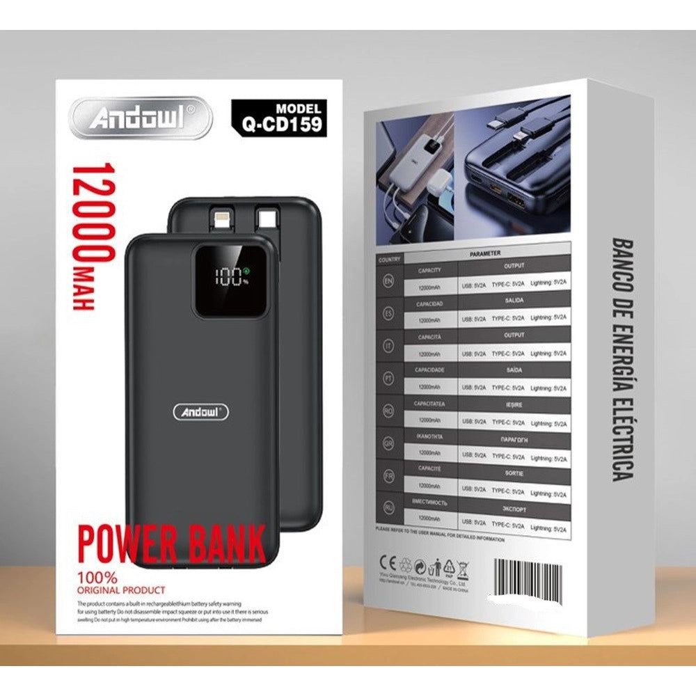 Trade Shop - Power Bank Da 12000 Mah Con Cavi Type-c Lightning Ricarica Rapida Display Digitale Q-cd159 -