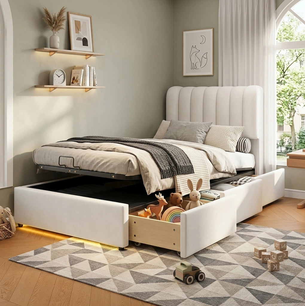 Letto imbottito con contenitore, 3 cassetti e LED 90x200 cm beige