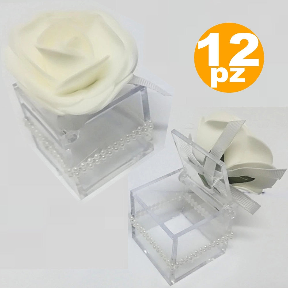 Trade Shop - Bomboniere Scatola Con Rosa Bianca Perle Cubo 4.5cm Portaconfetti Per Matrimonio -