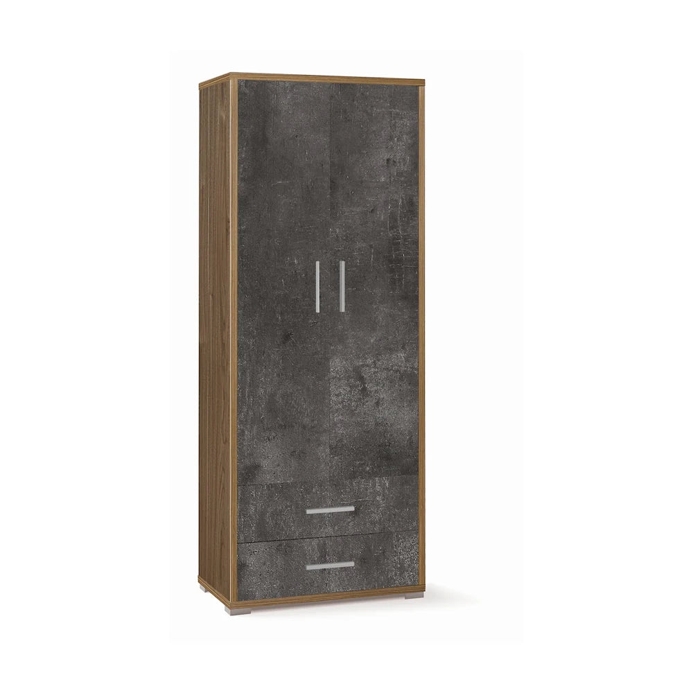 Armadio mobile 2 ante con 2 cassetti 71x41x182H cm in kit dal design elegante colore Noce Stelvio e Ossido nero