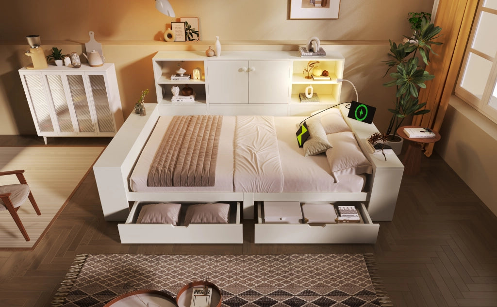 DESMIU Letto contenitore 140 × 200 cm 2 posti con cassetti, USB e Type-C, senza materasso, in MDF, bianco