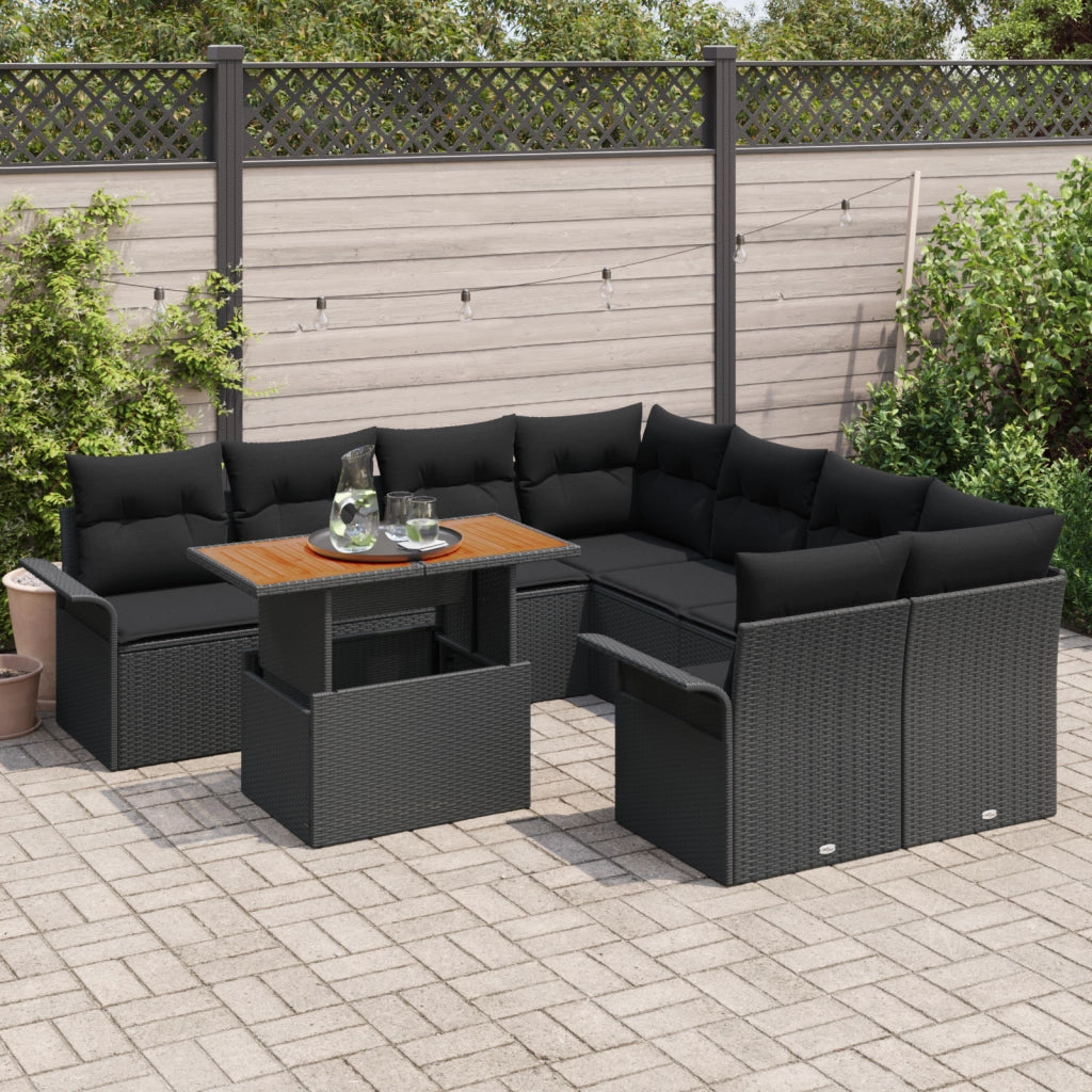 Set da Giardino 9 Pezzi con Cuscini Nero Rattan Poliacetato