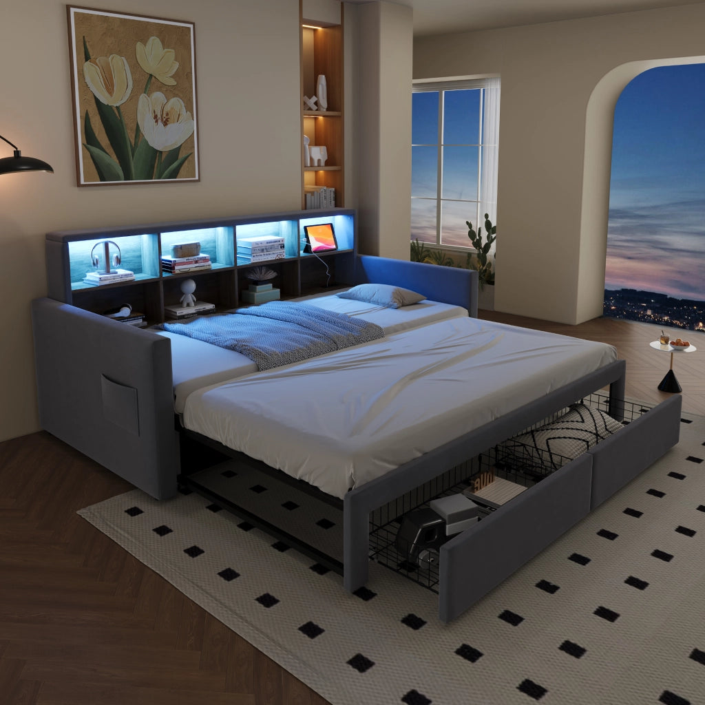 Letto Estraibile 90 x 190 cm e 180 x 190 cm; 2 Posti con 2 Cassetti; LED; USB e Type-C; senza Materasso