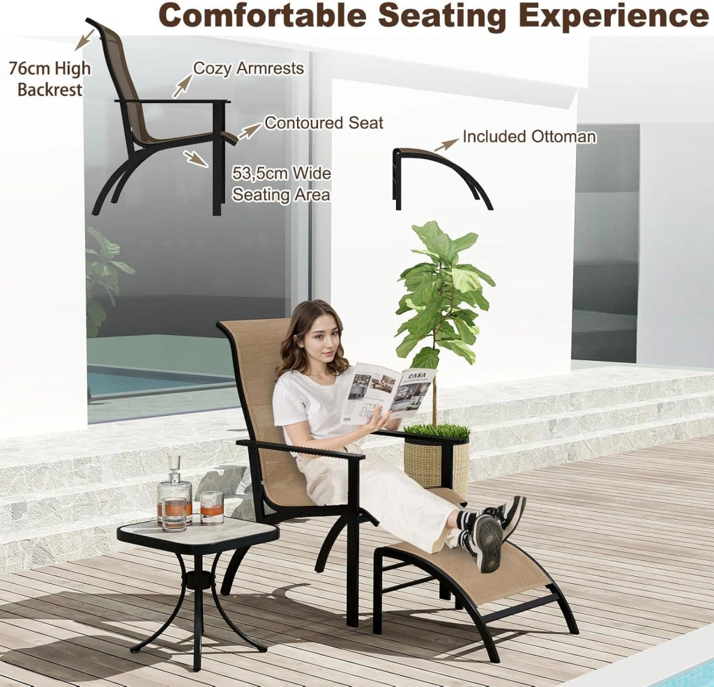Set di Mobile da Giardino in 5 Pezzi, Set Tavolo e Sedie da Balcone in Tessuto Textilene, Set da Bistrò con Tavolo, 2 Sedie Adirondack e 2 Poggiapiedi per Terrazza, Bordo di Piscina, Marrone