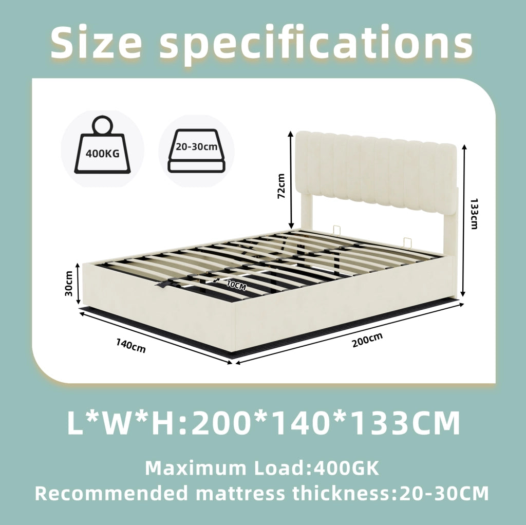 Letto imbottito 140x200 cm in velluto beige con materasso incluso