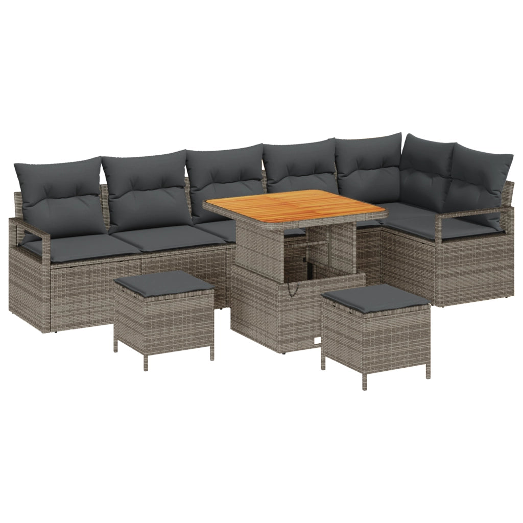 Set di divano da giardino  9 pezzi con cuscini grigio polyrattan acacia