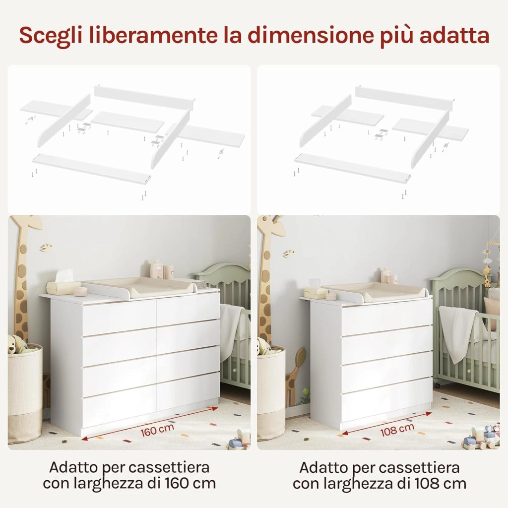 Fasciatoio Neonato, Fasciatoio Universale per Cassettiera con 3 Bordi Rialzati, Profondità Regolabile 47-50 cm, in MDF, 160x80x10 cm (80x80 cm per Bambini)