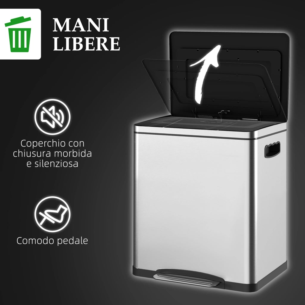 Bidone Immondizia a 2 Sezioni da 15L a Pedale con Coperchio Silenzioso, in Acciaio Inox e PP, 40x34.8x47.5 cm