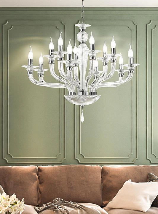LAMPADARIO VILLA VETRO E METALLO 12 LUCI TRASPARENTE E CROMO ATTACCO E14 D.85CM