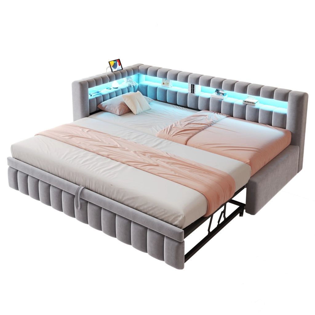 Letto imbottito trasformabile 90x200 cm con letto estraibile, LED, porte USB e C, velluto grigio chiaro