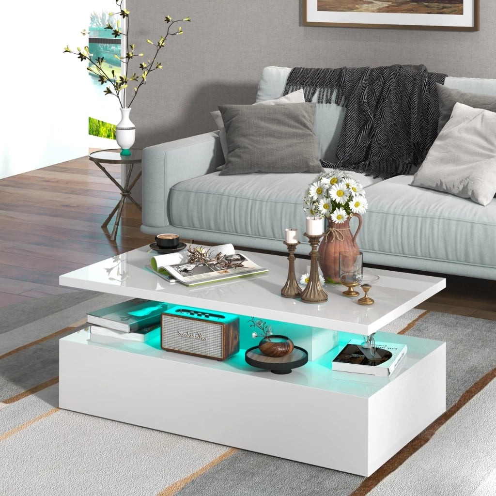 Tavolino a 2 livelli con luci LED bianco lucido colori della luce regolabili, Tavolo da centro rettangolare Bianco-Tavolini da salotto