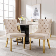 Sedia da pranzo Set da 2 con Anello decorativo, Borchie e Piedini Regolabili in Velluto Beige