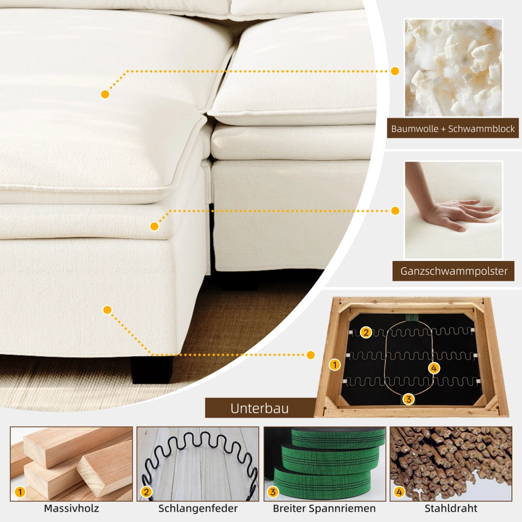 Divano angolare modulare 4 posti con contenitore ricarica wireless audio bluetooth e luci in chenille beige e bianco