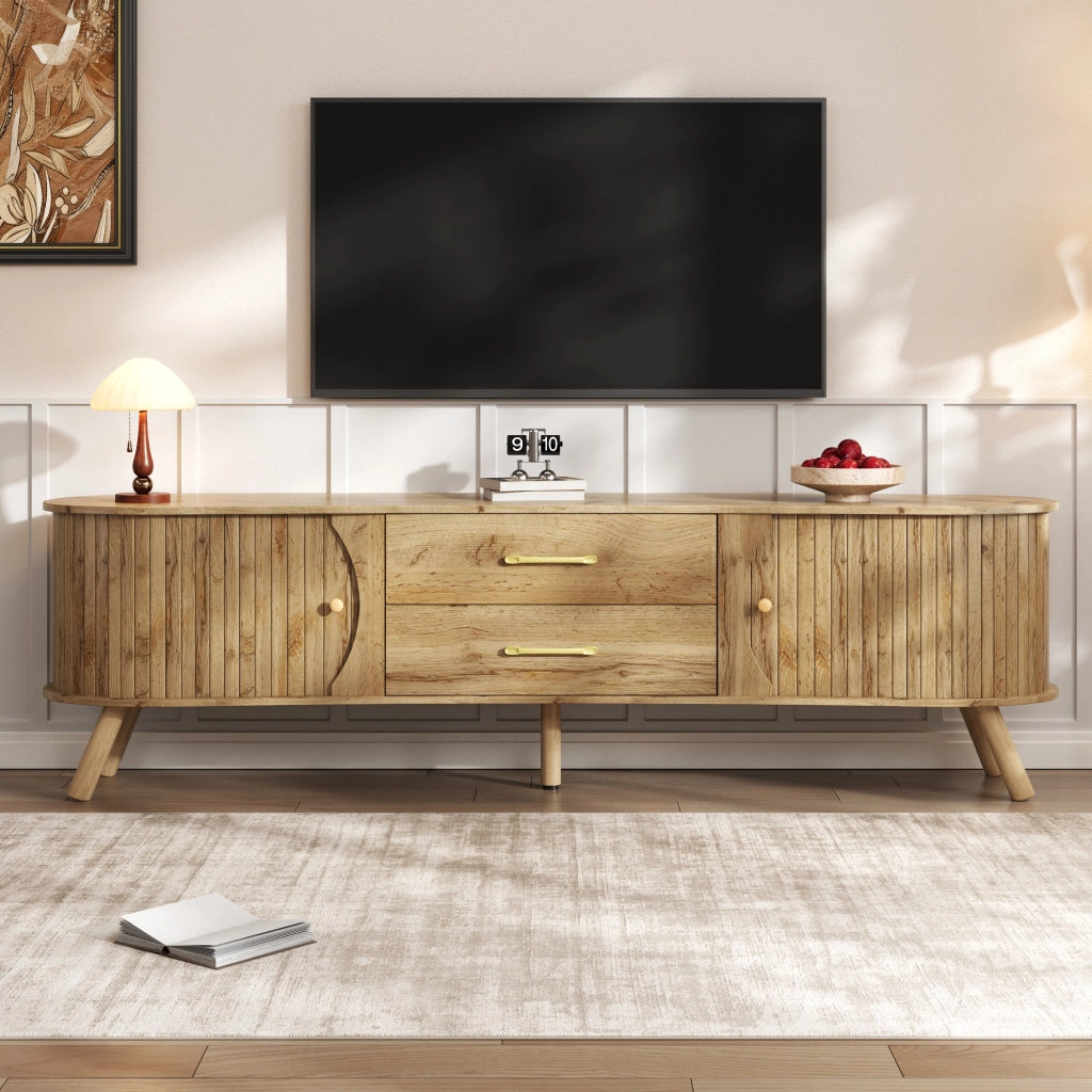 Mobile porta TV con 2 ante scorrevoli e 2 cassetti effetto scanalato verticale per soggiorno naturale 160 × 36,5 × 55 cm