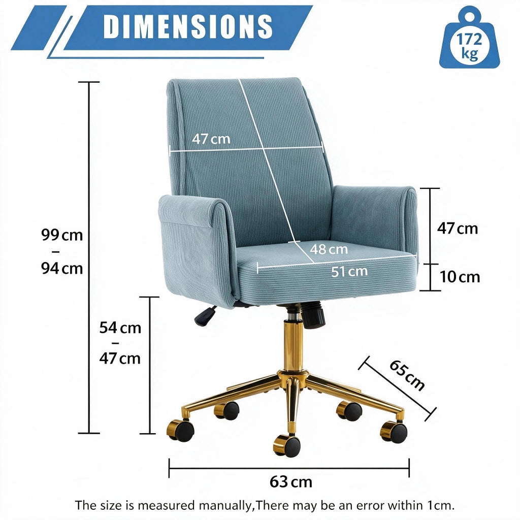Sedia da ufficio girevole con schienale ergonomico e braccioli, cuscino in memory foam, base in metallo dorato blu