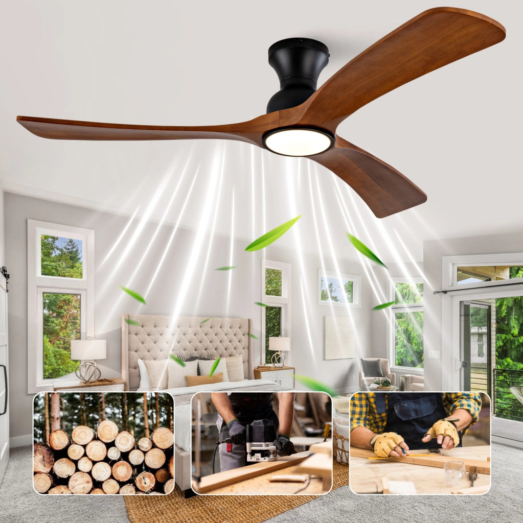 Ventilatore da soffitto con luce LED; 52 pollici; 3 pale in legno noce scuro; nero