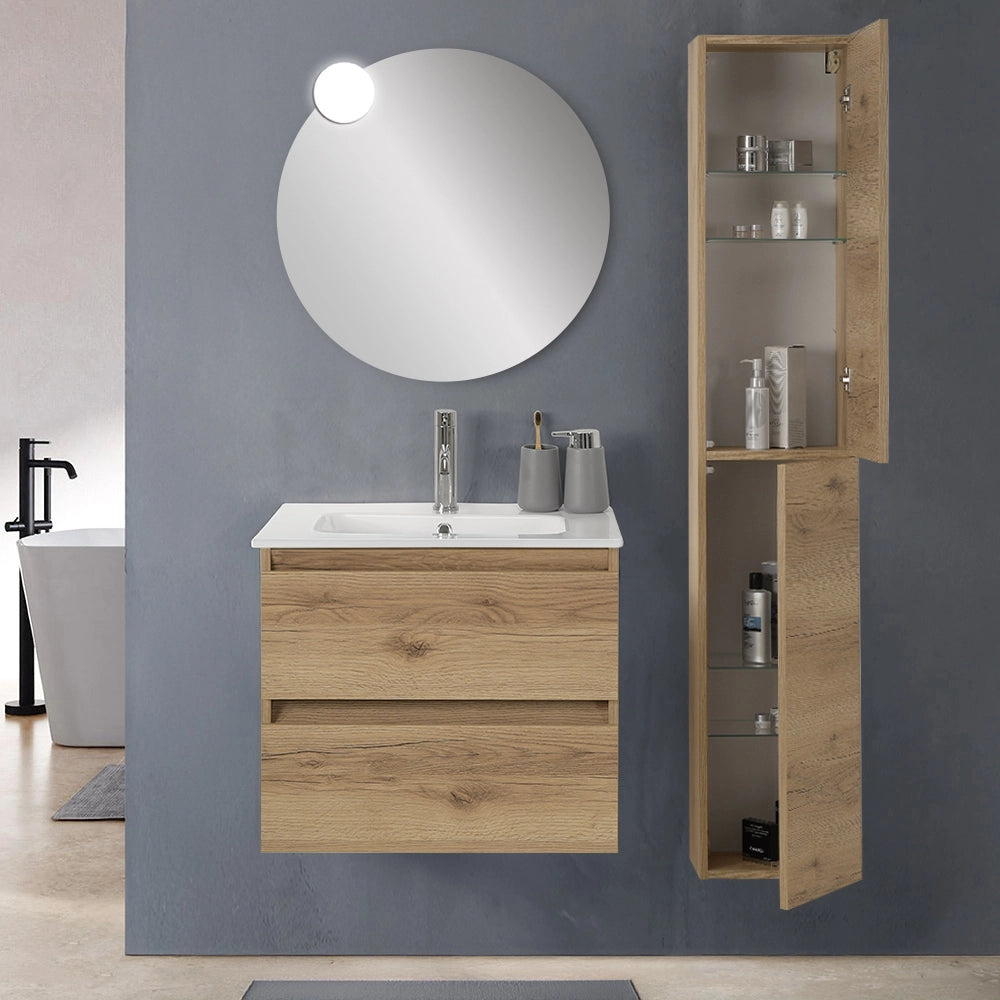 Colonna bagno sospesa H160 cm in legno color quercia naturale con ripiani Leda