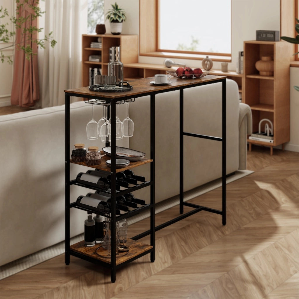 Tavolo da pranzo altezza bar con scaffali di stoccaggio per cucina soggiorno dietro il divano-Tavolo bar lungo da colazione industriale Marrone