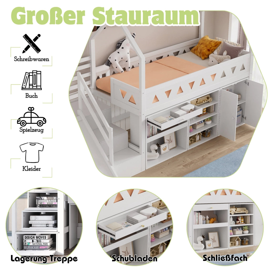 Letto a soppalco per bambini 90x200 cm bianco con scivolo e scale， senza materasso