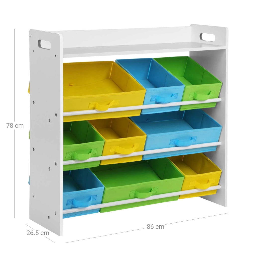 Scaffale portagiochi per bambini con 9 cestini rimovibili in tessuto non tessuto multicolore organizer per sala giochi struttura in MDF bianco 12_0002282
