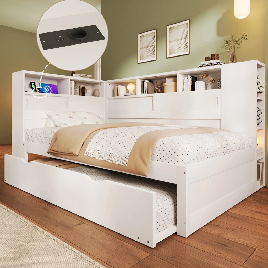 Letto piattaforma per bambini con letto estraibile, spazio contenitore e USB, Bianco