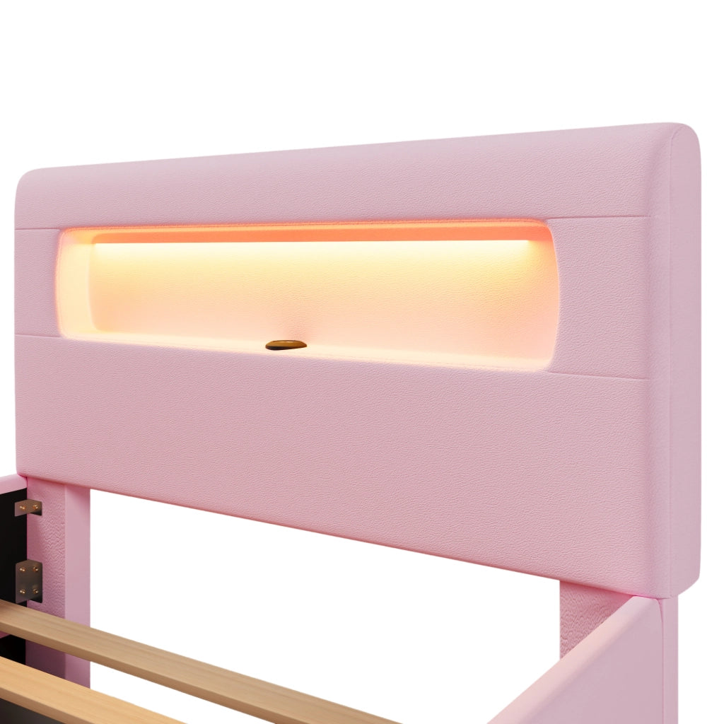 Letto a piattaforma imbottito 90x200 cm con cassetto; LED; PU e MDF; rosa
