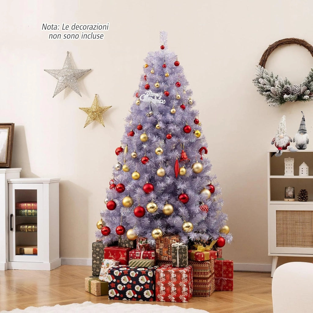 Albero di Natale 180 cm, Albero di Natale Preilluminato con 688 Rami Folti, 250 Luci LED Bianco Caldo, 8 Modalità e Base, Decorazione Natalizia per Casa e Ufficio (Viola, 180 cm)