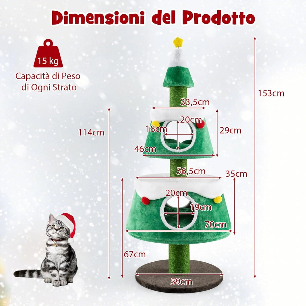 Albero di Natale per Gatti da Interno, Tiragraffi per Gatti Alta 153 cm con 2 Condomini, Giocattolo a Molla e Letti Rimovibili, Mobile per Animali per Decorazioni Natalizi (70 x 70 x 153 cm)