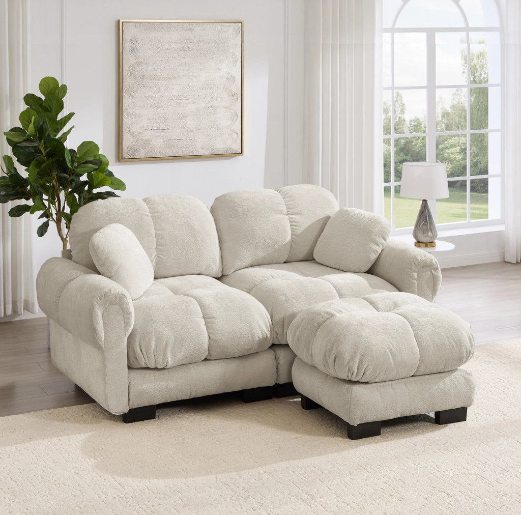 Divano modulare in ciniglia con ottomana mobile; 190 x 149 x 90 cm; kaki chiaro