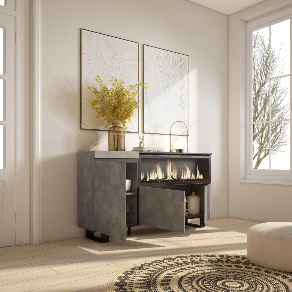 Credenza, Mobile, 158x35x87cm, 3 Porte, Camino elettrico XXL, Design industriale, grigio cemento RF3289