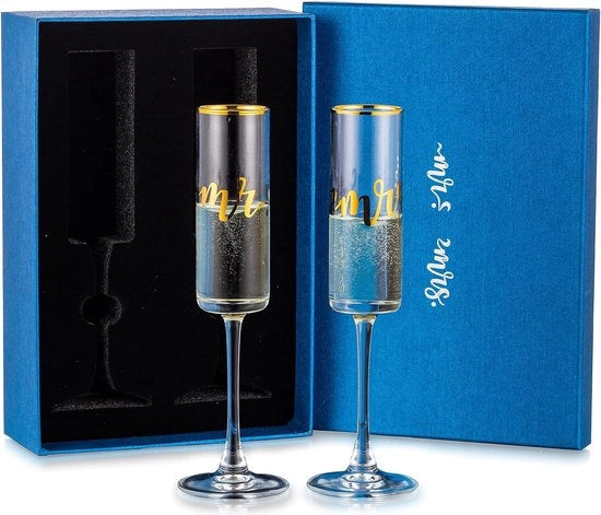 Set di 2 Calici di Champagne con Personalizzazione e Regalo in Vetro di Acciaio con Incisione di Cristallo con Luce e Bordo d'Oro