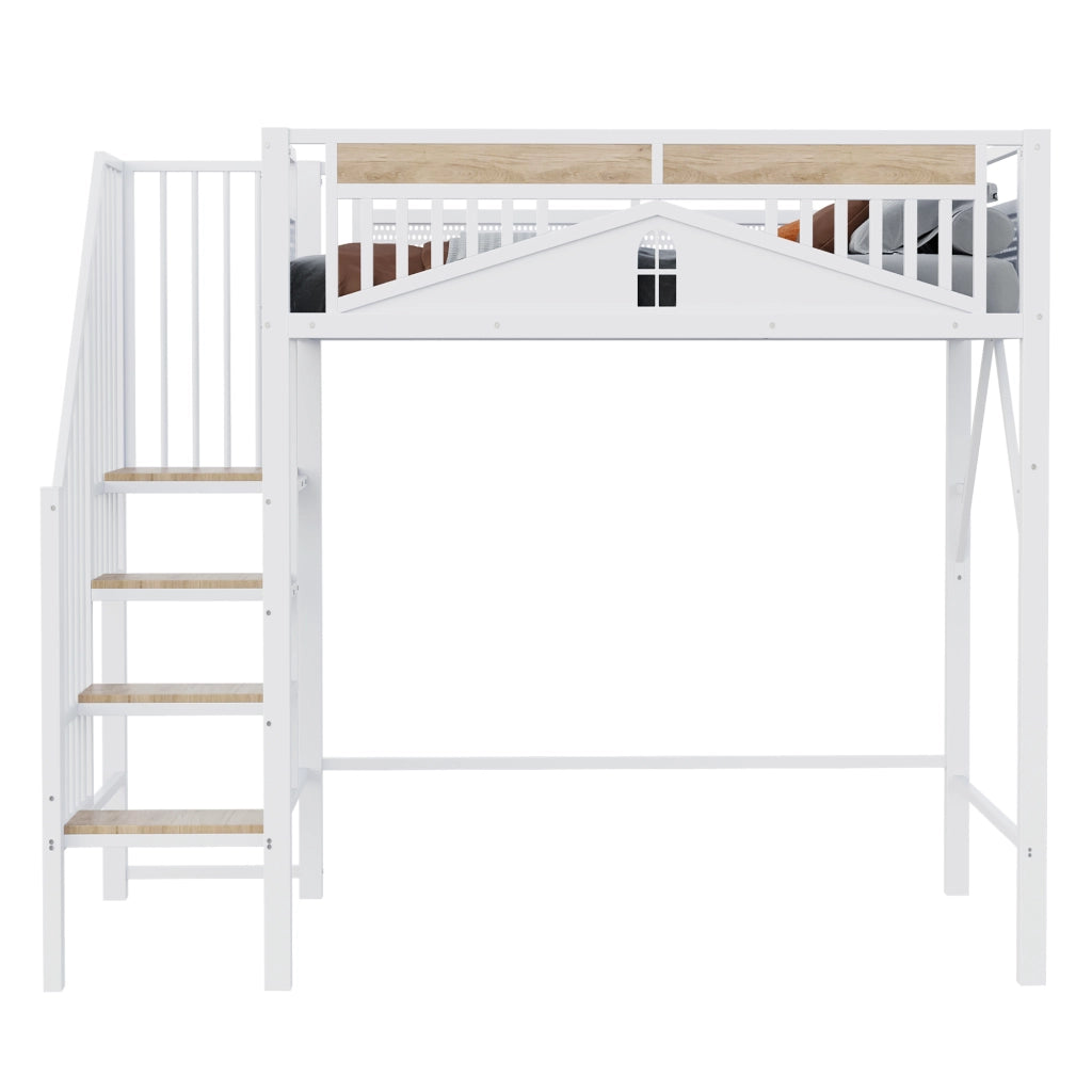Letto a castello in metallo e legno bianco con recinzione di sicurezza e finestra 90x200 cm