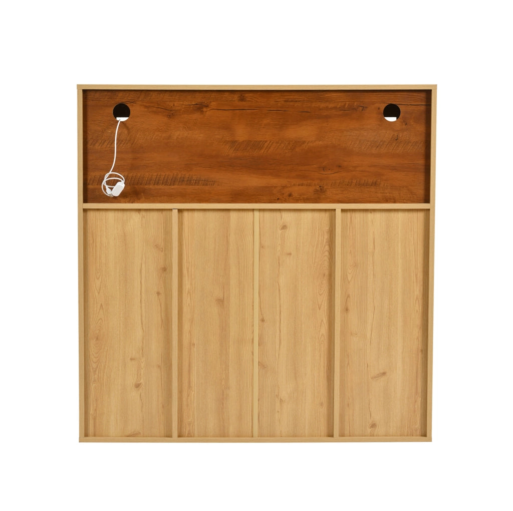 Credenza portabottiglie 110x38x111 cm con 2 ante; LED e divisorio in vetro; legno naturale e nero