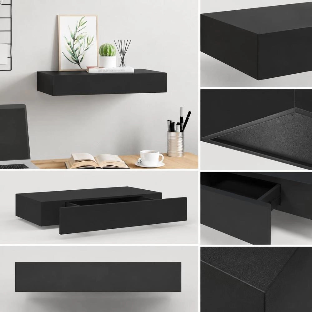 Floating Shelf With Drawer, Black, 48x25x8 Cm