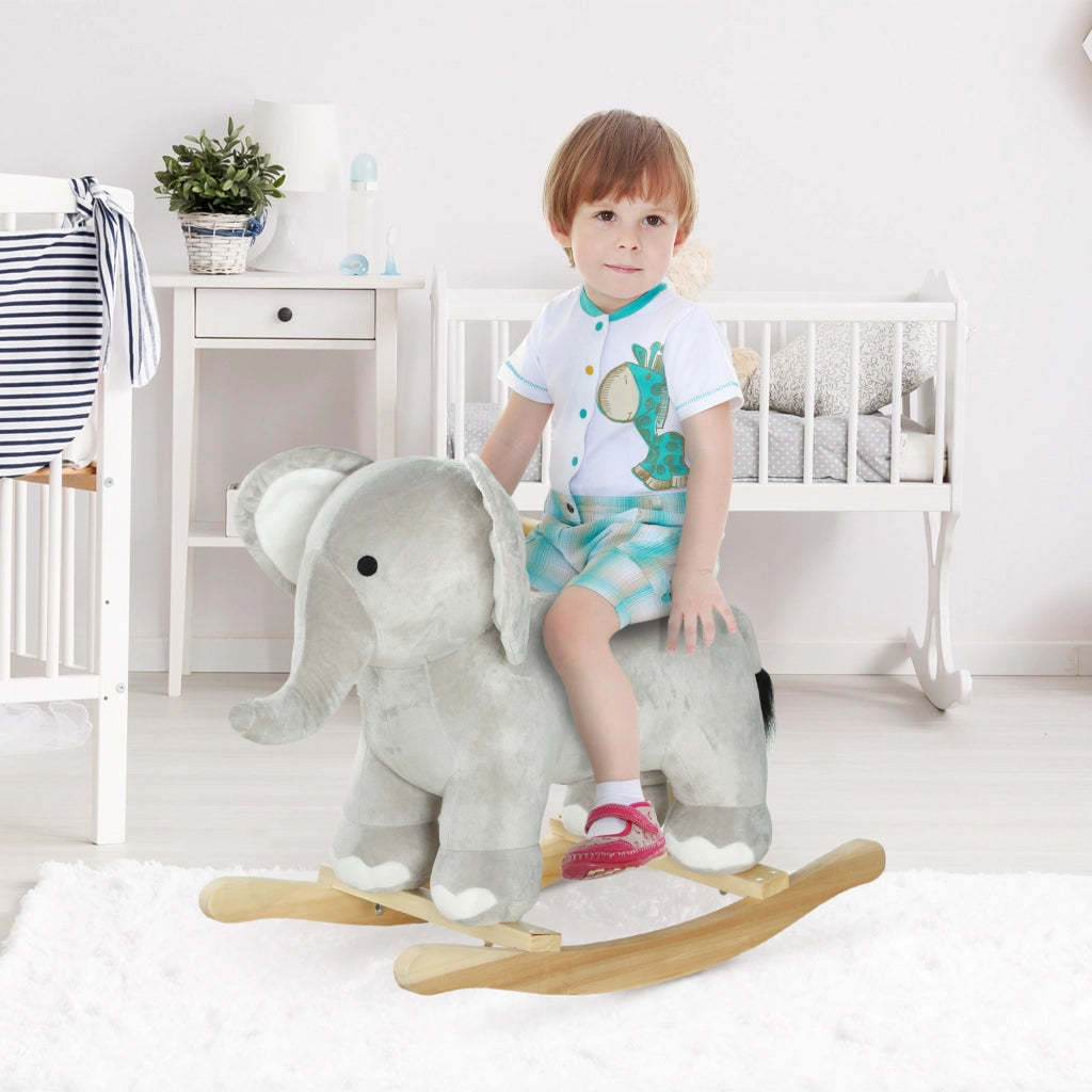 Cavallo a Dondolo per Bambini 2-4 Anni a Forma di Elefante con Suoni e Rivestimento Morbido, Grigio