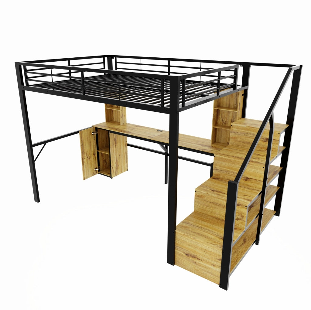 Letto a soppalco 140x200 cm in metallo e MDF con scrivania; armadio; scale contenitore; nero