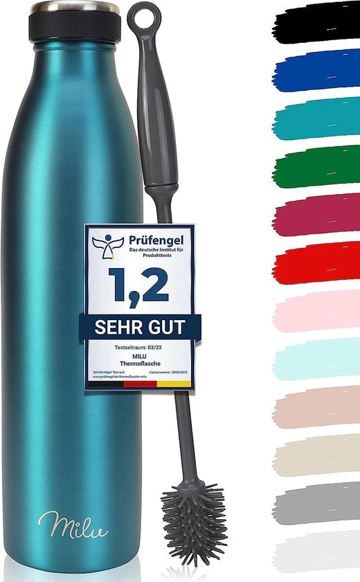 Fiaschi in acciaio inossidabile, 350 ml, 500 ml, 750 ml, 1 litro, 1,5 litri termos, fiaschi inclinati per acqua, termos liberi da zucchero, termos a doppia parete, adatti per bevande gassate + spazzola per pulizia (grande, 1,5 litri)
