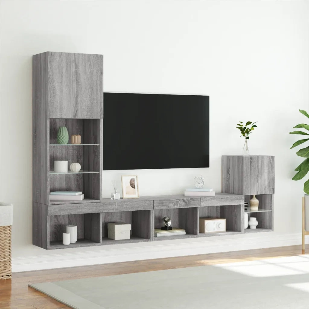 Mobili TV a Muro con LED 4pz Grigio Sonoma in Legno Multistrato 3216666
