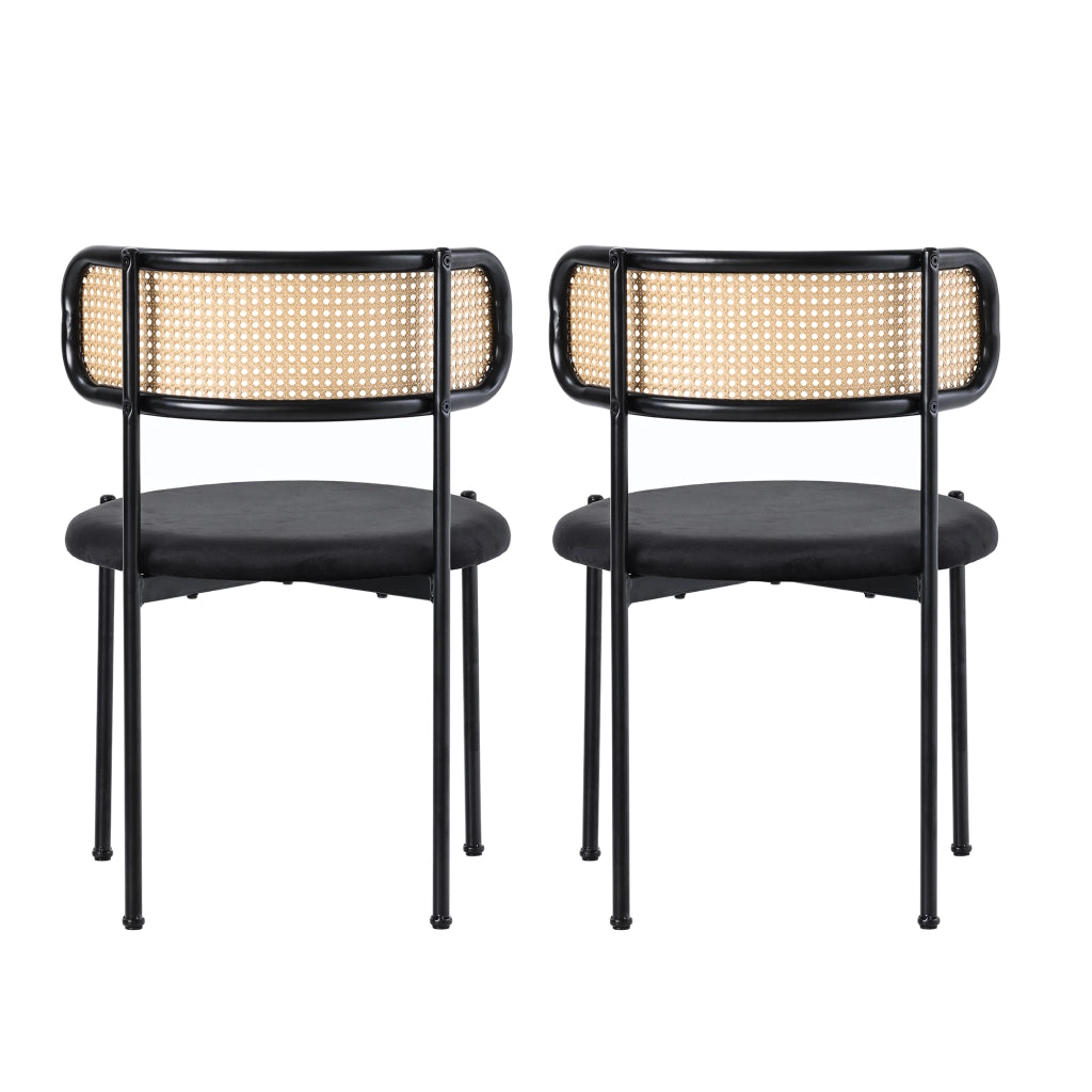 Sedia da pranzo in velluto set da 2 con schienale in rattan curvo e seduta rotonda ergonomica gambe in metallo nero