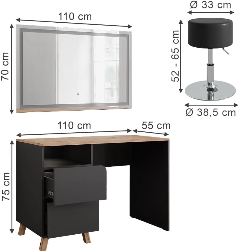 Tavolo da toeletta Karen, Antracite/Artisan, 110 cm con sgabello e specchio LED, Materiali robusti per un utilizzo duraturo