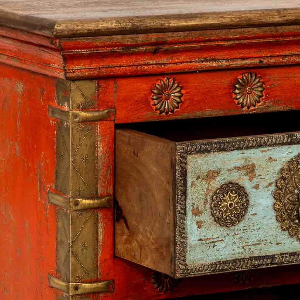 Comodino in legno rosso, realizzato a mano, 50x40x59 cm