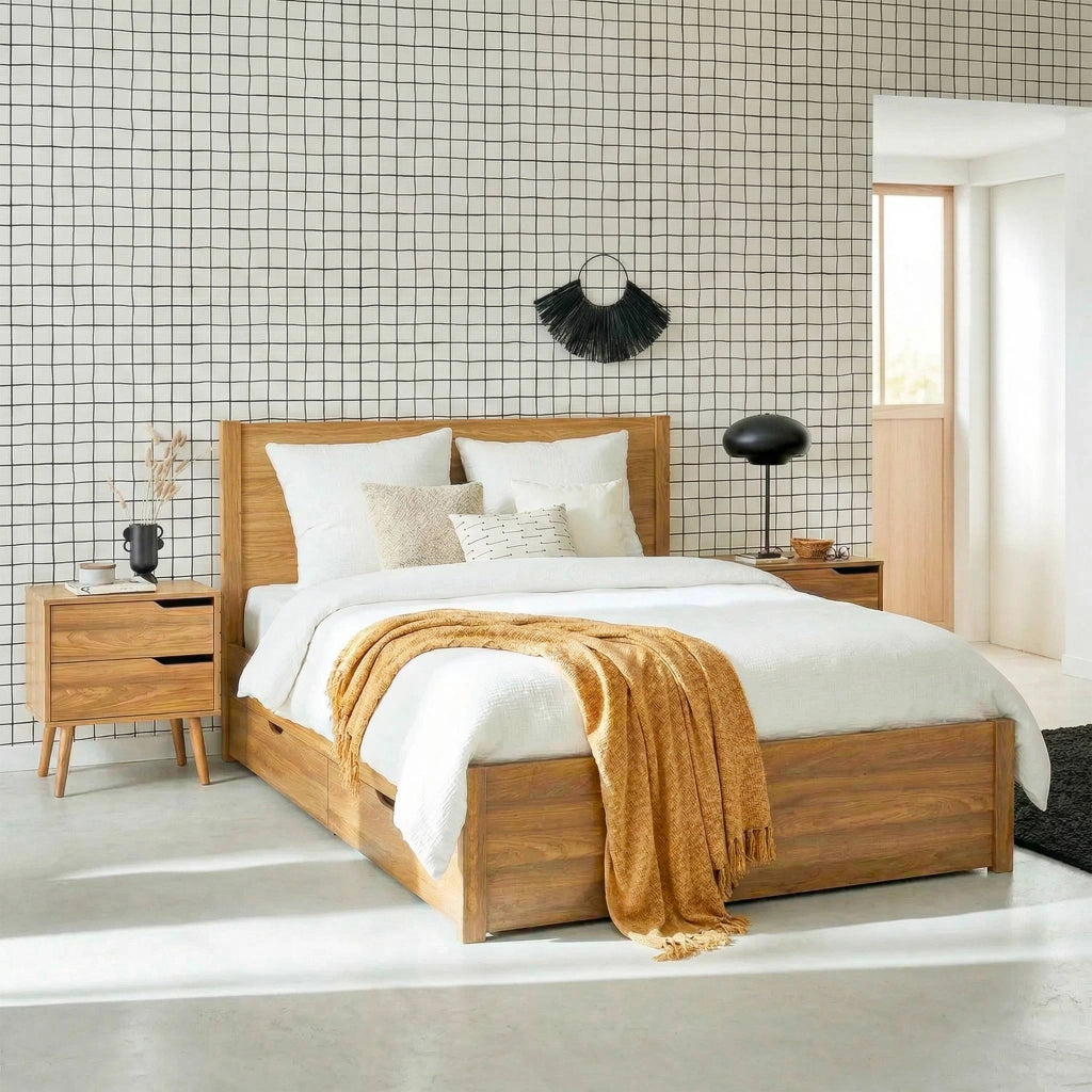 Letto con rete a doghe e testiera 160x200cm + 4 cassetti, marrone
