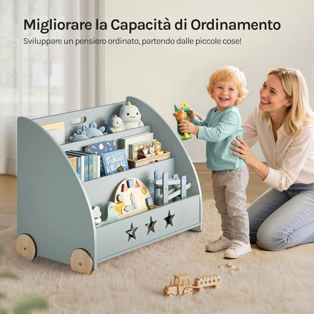 Libreria Piccola in Legno per Bambini, Scaffale Porta Giochi con Contenitore e Ruote, Organizzatore per Cameretta, Grigio 62x42x57cm